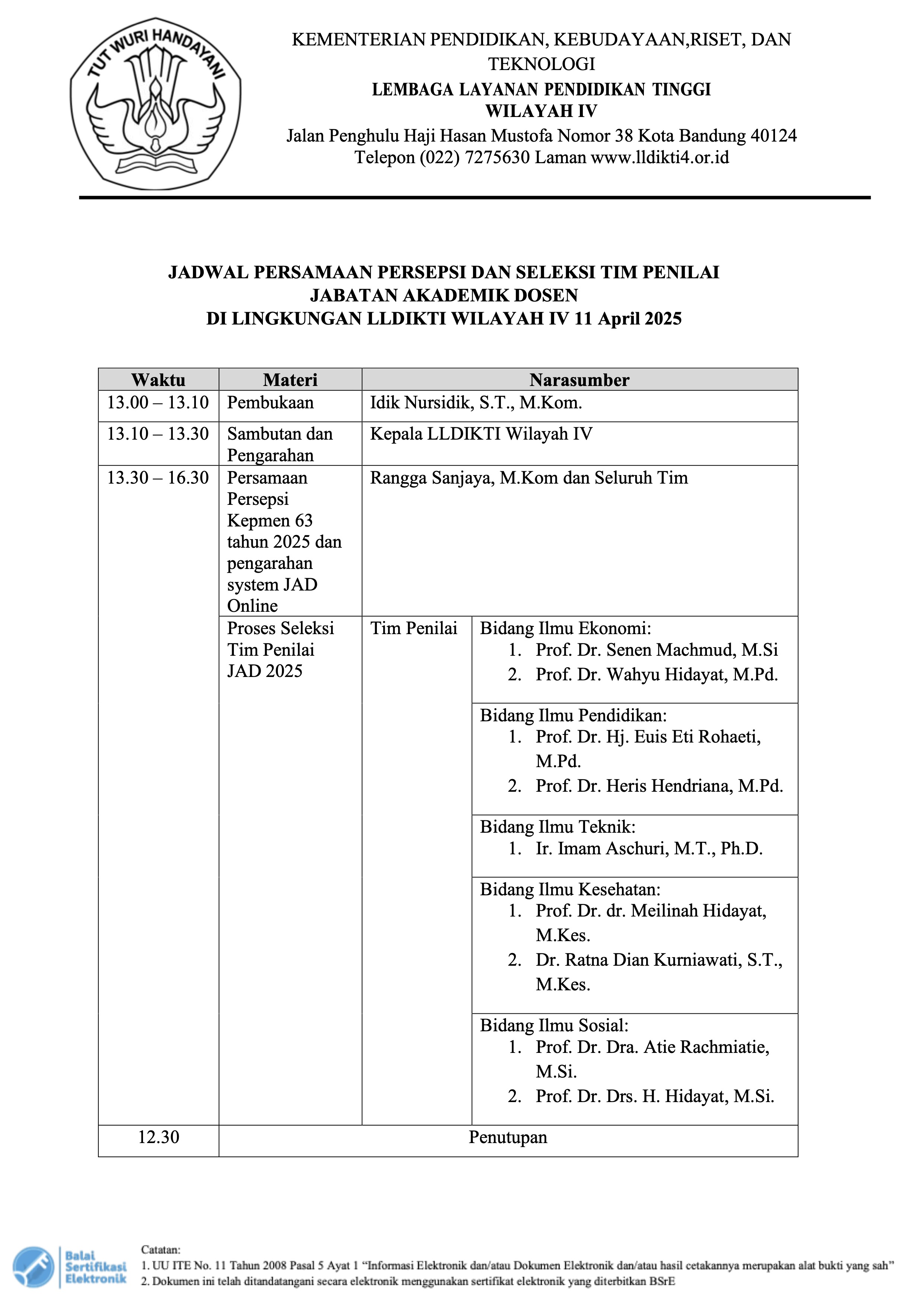 Persamaan Persepsi dan Seleksi Tim Penilai JAD LLDIKTI IV