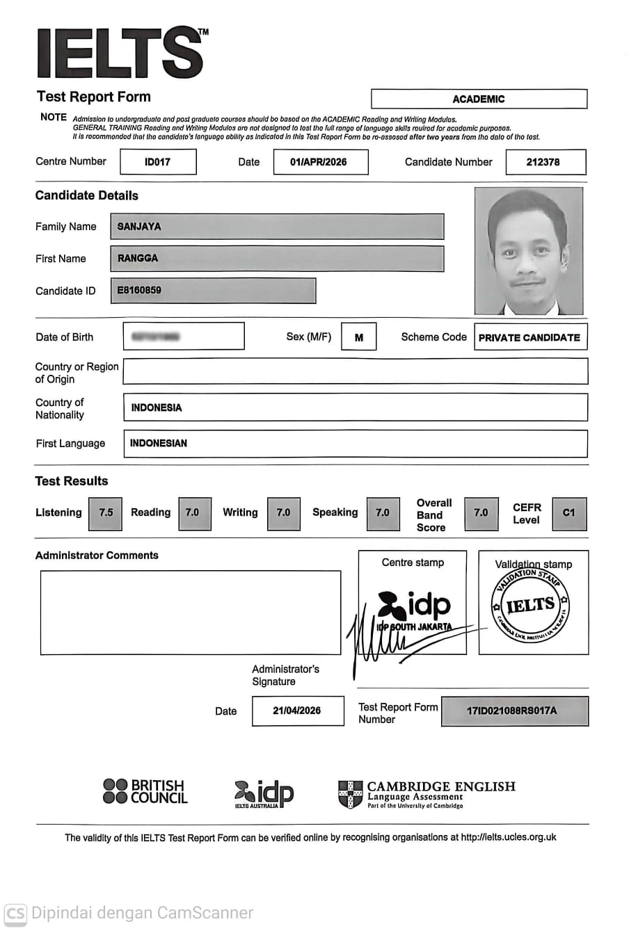 IELTS Academic Test Report Form - Overall Band Score 7.0